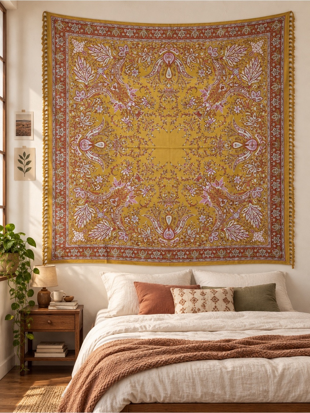Urban Outfitters UO Home 72x72 Mustard Rust Paisley Floral Fringe Tapestry Cloth